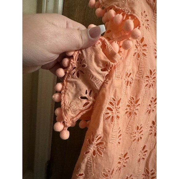 Lilly Pulitzer Astara Top Peach Flamingo Orange Palm Tree Eyelet Pom-Poms XXS - Picture 6 of 10